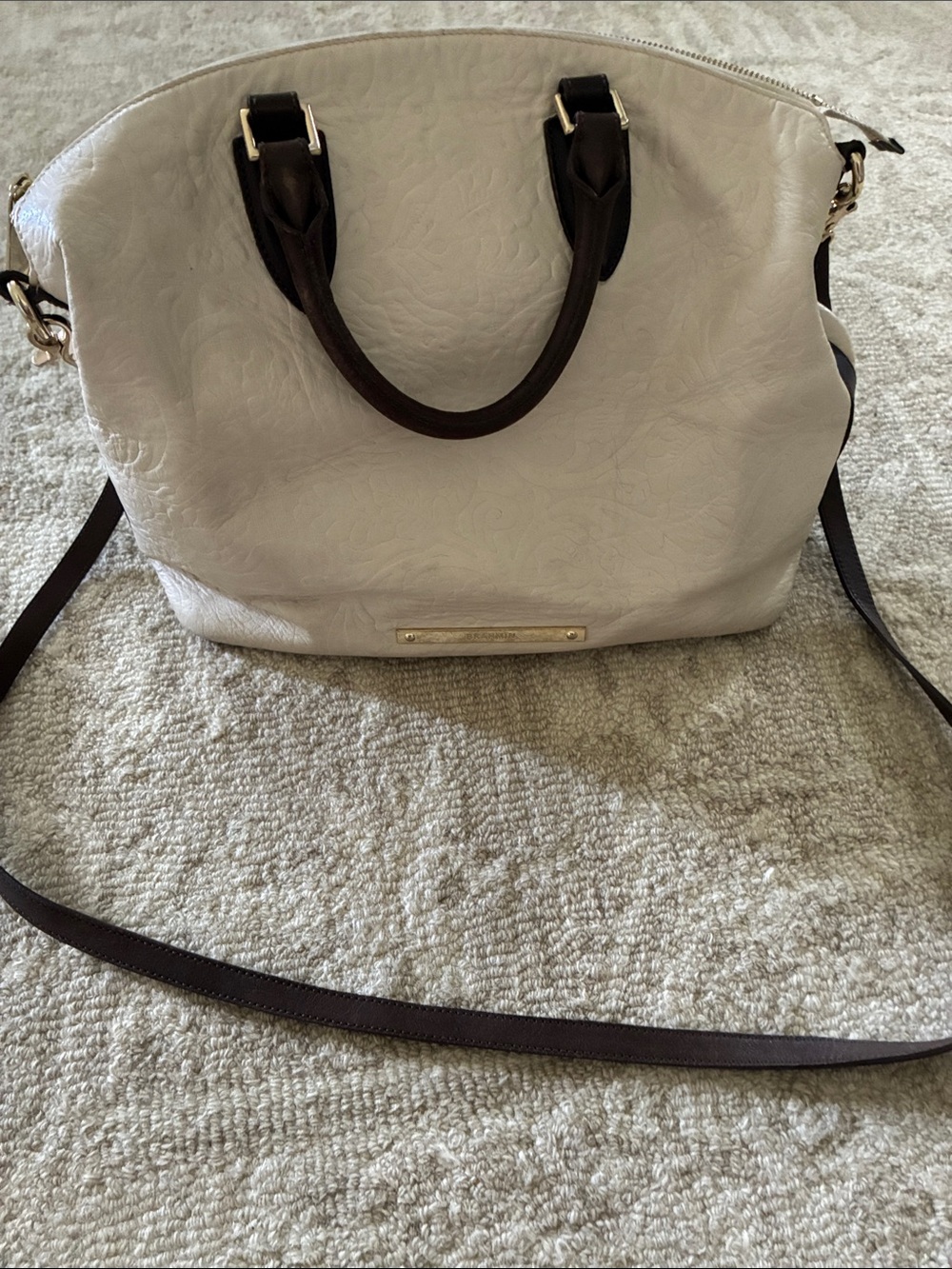Brahmin White and Dark Brown Satchel Handbag